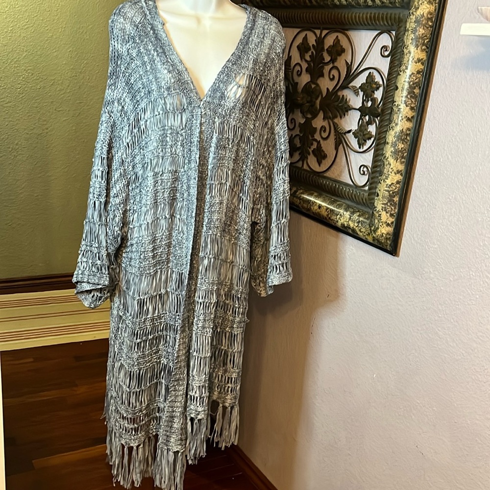 Roaman’s Crochet Cardigan- NWOT long open front with fringe Sz 3X
